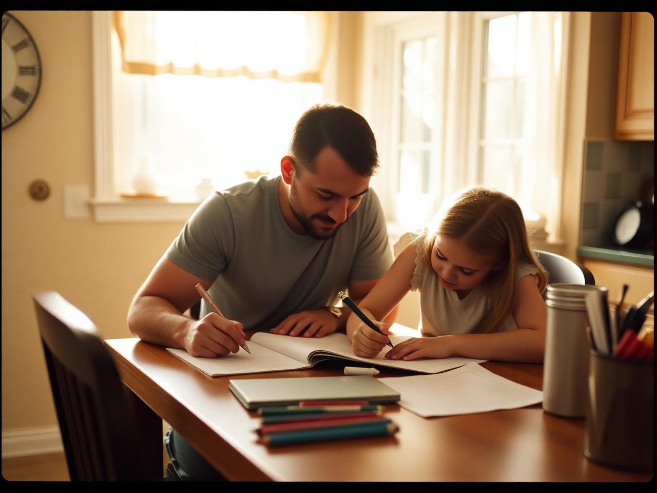 Père aidant sa fille à faire ses devoirs à la maison