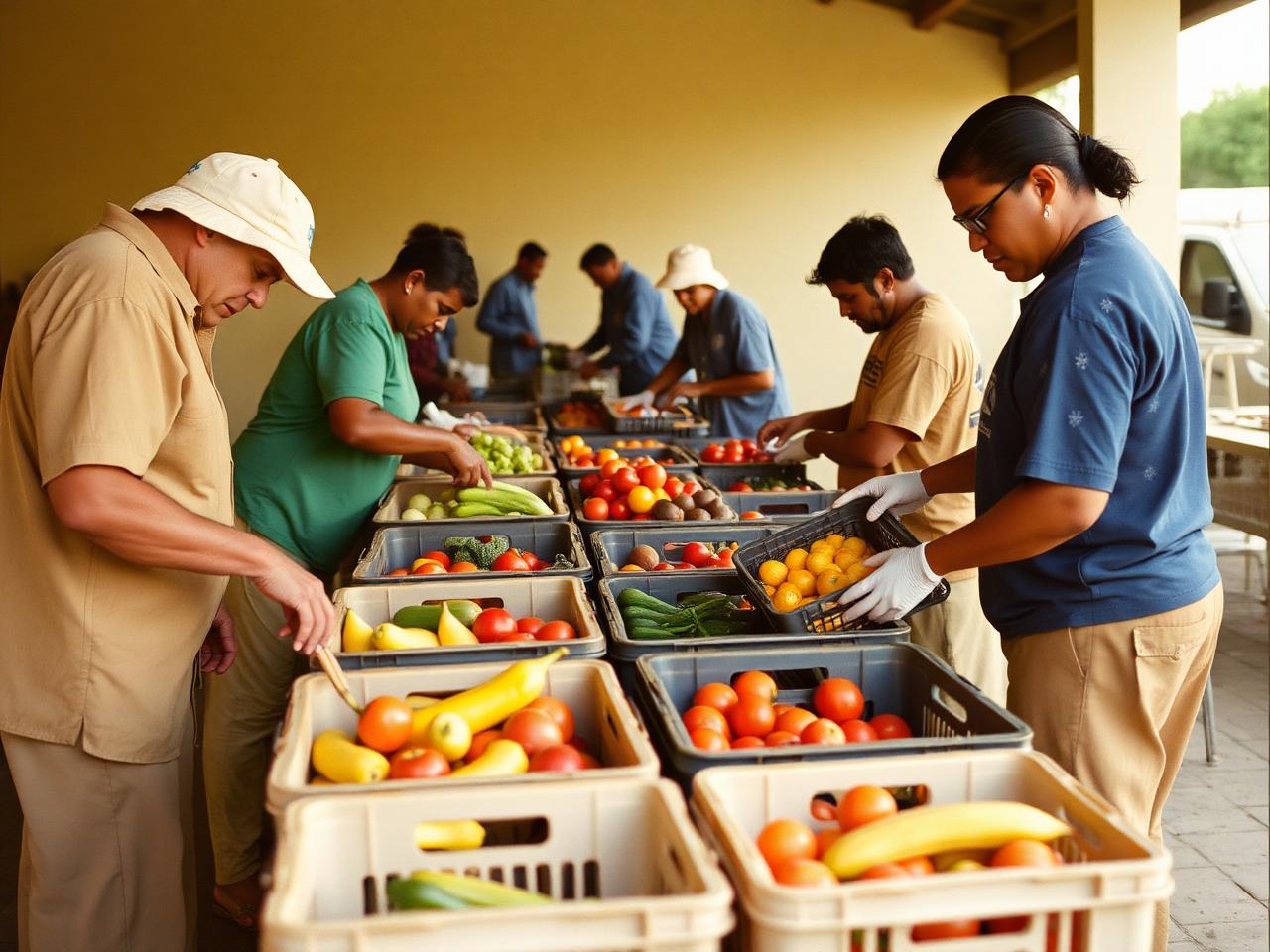 Bénévoles triant des fruits et légumes frais en caisses